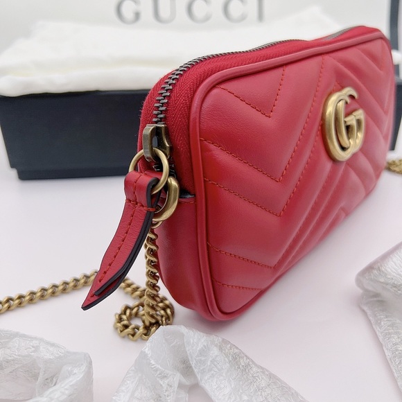 ❌SOLD❌Gucci Calfskin Matelasse Mini GG Marmont Chain Crossbody Bag in Red - Picture 3 of 11